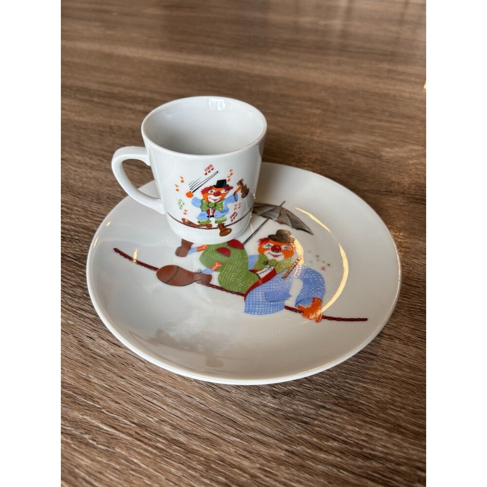 VINTAGE Kahla Porcelain Cup And Plate Circus Clown Musician Soccer Monkey RARE